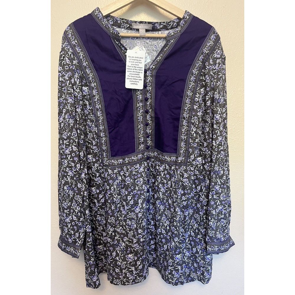 NWT Woman Within Purple Floral Blouse Tunic 1X 22/24 Plus Size Cottagecore Boho